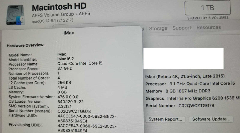 iMac 21.5\\" - L.2015 A1418, i5-5675R 3.1GHz/8GB, Intel Iris Pro 6200, 1TB HDD ~