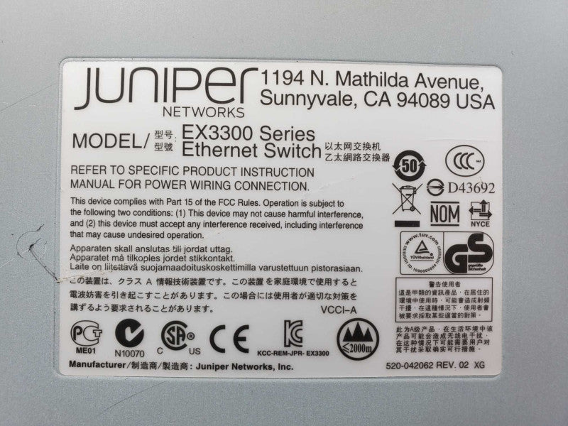 Juniper EX3300-24T 24-Port 10/100/1000 Base-T Switch, AC Power, Rack Kit 8z (