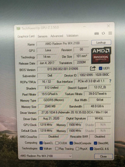 AMD Radeon Pro WX 2100 2GB GDDR5 Professional Video Graphics Card [