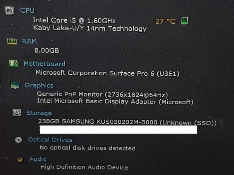Microsoft Surface Pro 6 12.2\\" i5-8520U @ 1.60GHz 8GB RAM 238GB SSD +