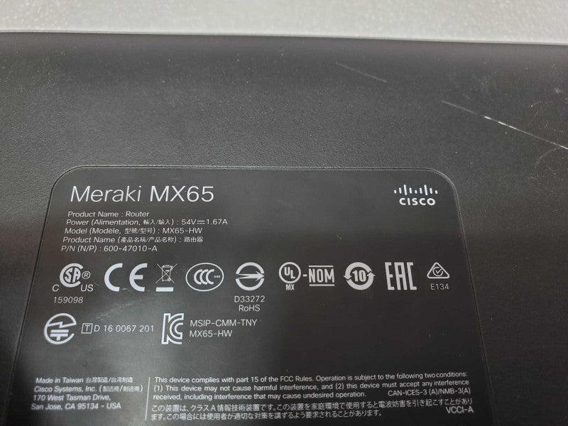 CISCO MERAKI MX65-HW CLOUD MANAGED SECURITY APPLIANCE, Claimed, AS-IS _