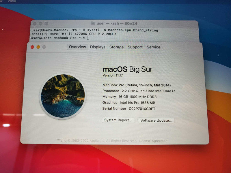 Macbook Pro 2014 15\\" Retina Core i7-4770HQ @ 2.2GHz 16GB Ram 500GB SSD (