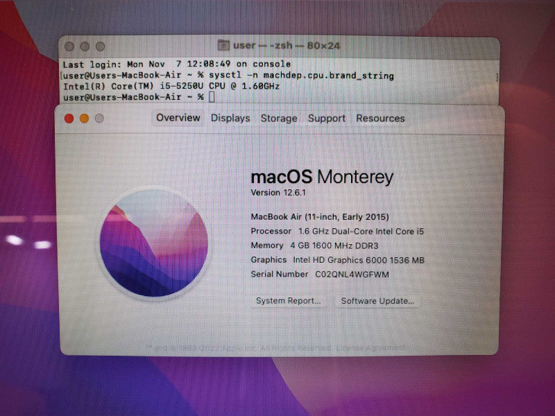 MacBook Air 2015 11\\" Core i5-5250U @ 1.6 GHz 4GB DDR3 120GB SSD (