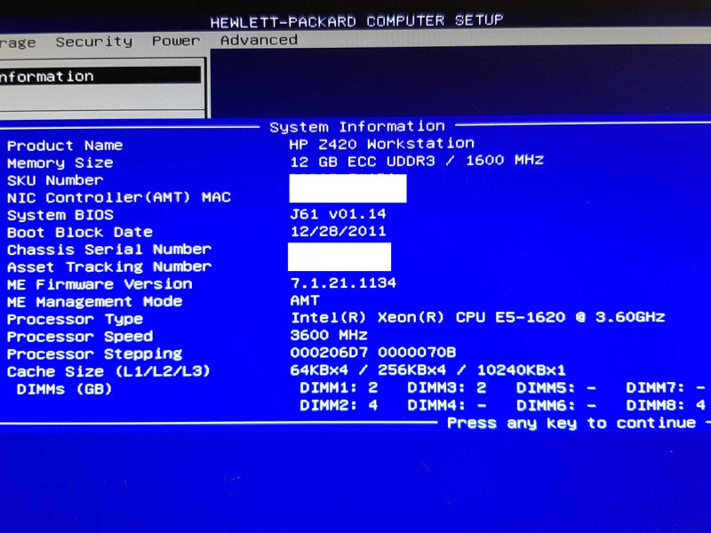 HP Z420 WS Xeon E5-1620 @ 3.60GHz 12GB RAM QUADRO 2000 -No HDD +