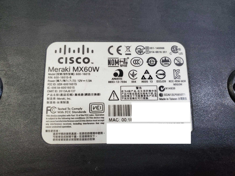 Cisco Meraki MX60W 100 Mbps 5x 1GB RJ-45 UNCLAIMED Firewall )