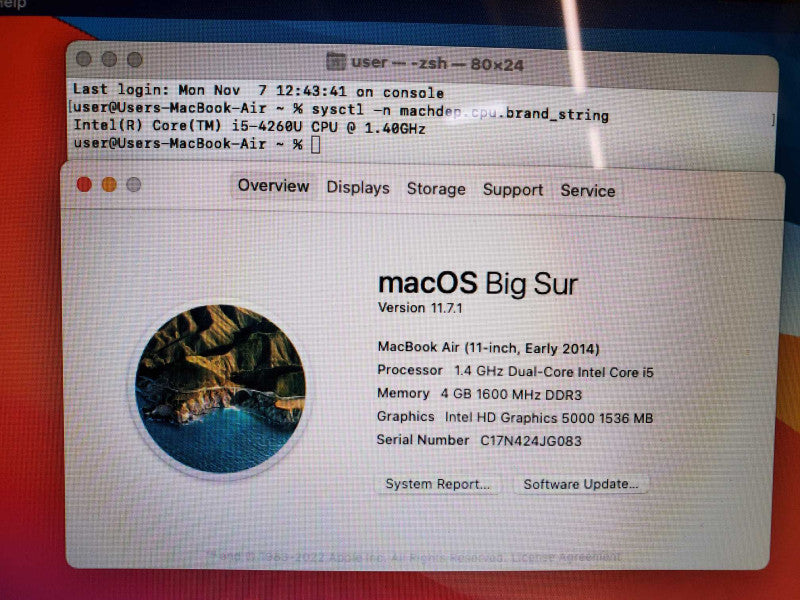 Macbook Air 2014 11\\" Core i5-4260U @ 1.4 GHz 4GB Ram 120GB SSD (