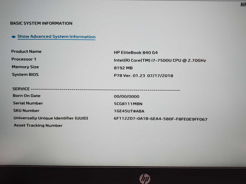 HP EliteBook 840 G4, Core I7-7500U 2.7GHz, 8GB RAM, 256GB SSD _