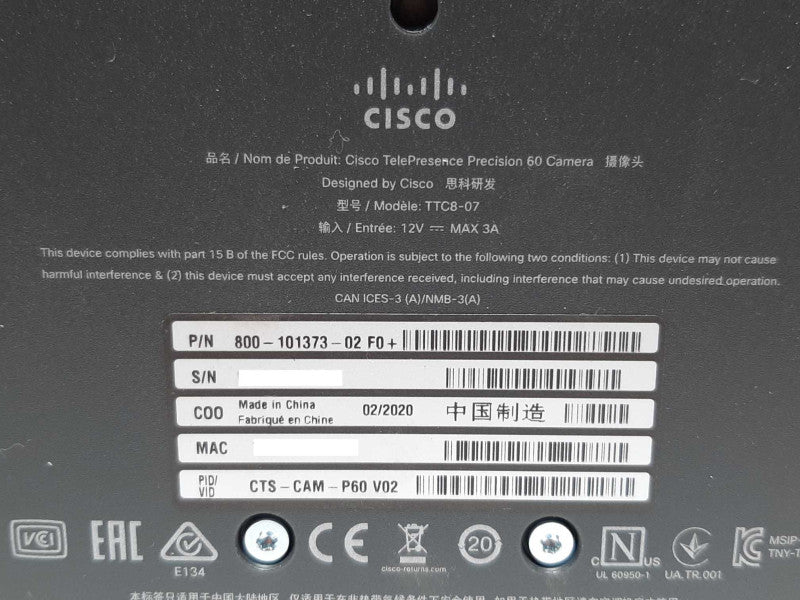 Cisco TTC8-07 CTS-CAM-P60 V02 Conference Camera - No Power Supply +