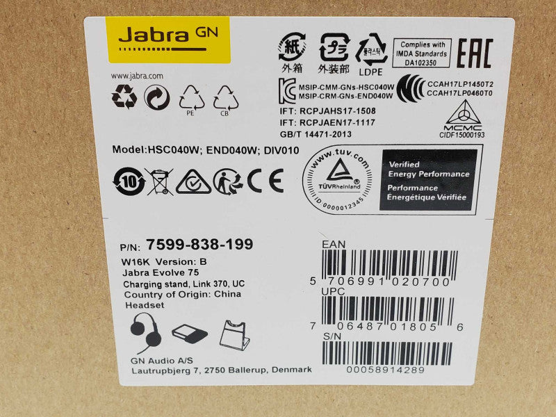 Jabra Evolve 75 UC Wireless Headset with USB Adapter and cable only _