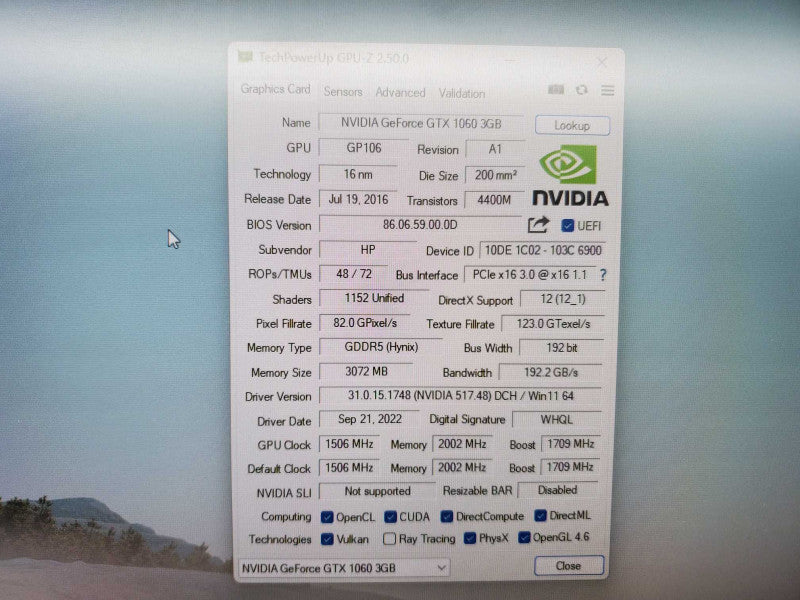 HP NVIDIA Geforce GTX 1060 3GB GDDR5  (