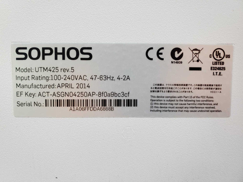 Sophos Model UTM425 Rev.5 Rackmount Firewall UTM 425 10/100/1000 PCI-E (