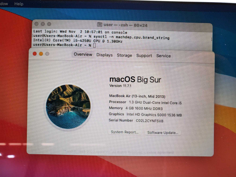 Macbook Air 2013 13\\" Core i5-4250U @ 1.3 GHz 4GB Ram 250GB SSD (