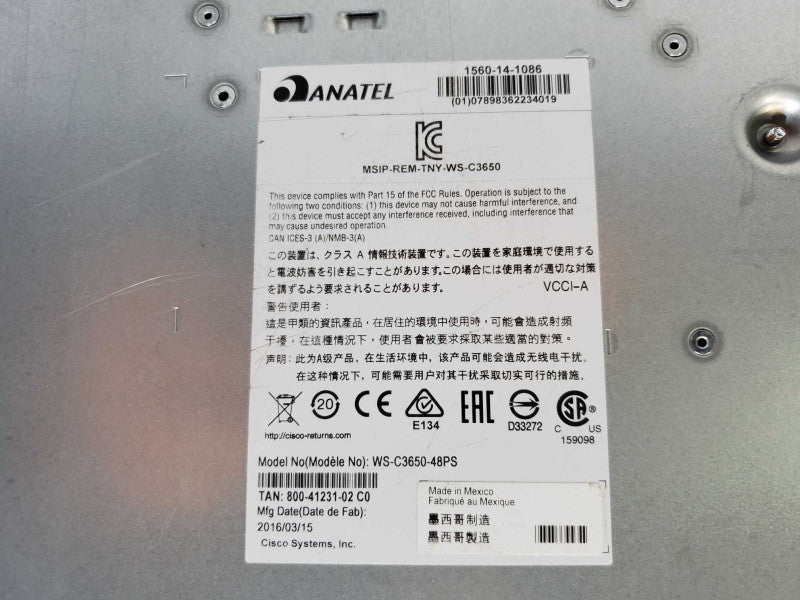 Cisco WS-C3650-48PS-S 48 Port PoE Managed Switch *Factory Defaulted* (