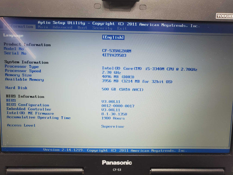 Panasonic Toughbook CF-53, i5-3340M, 4GB DDR3, 500GB HDD (Wiped) |