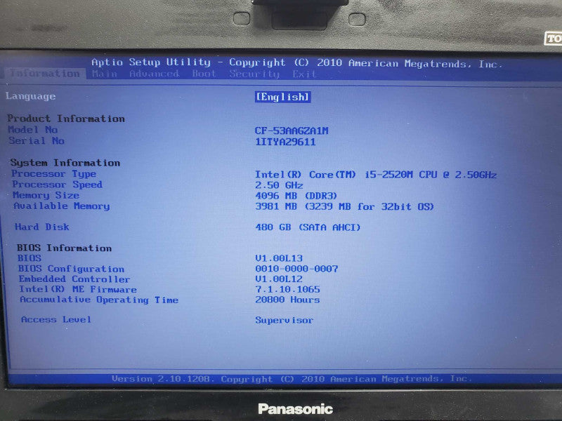 Panasonic Toughbook CF-53, i5-2520M, 4GB DDR3, 480GB HDD (Wiped) |