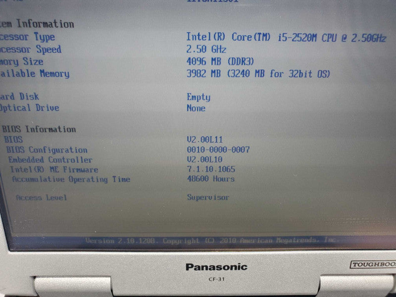 Pansonic Toughbook CF-31, i5-2520M, 4GB DDR3, No HDD, No Caddy |