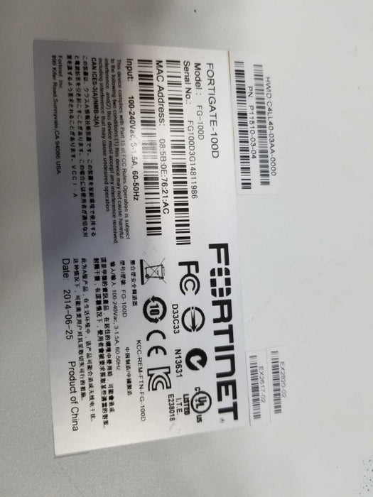 Fortinet FortiGate-100D Fortinet 100D Firewall VPN Security Appliance ~