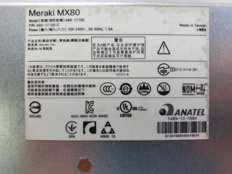 Meraki MX80 Medium Branch Security Appliance 250Mbps 5xGbE Ports *Claimed* (