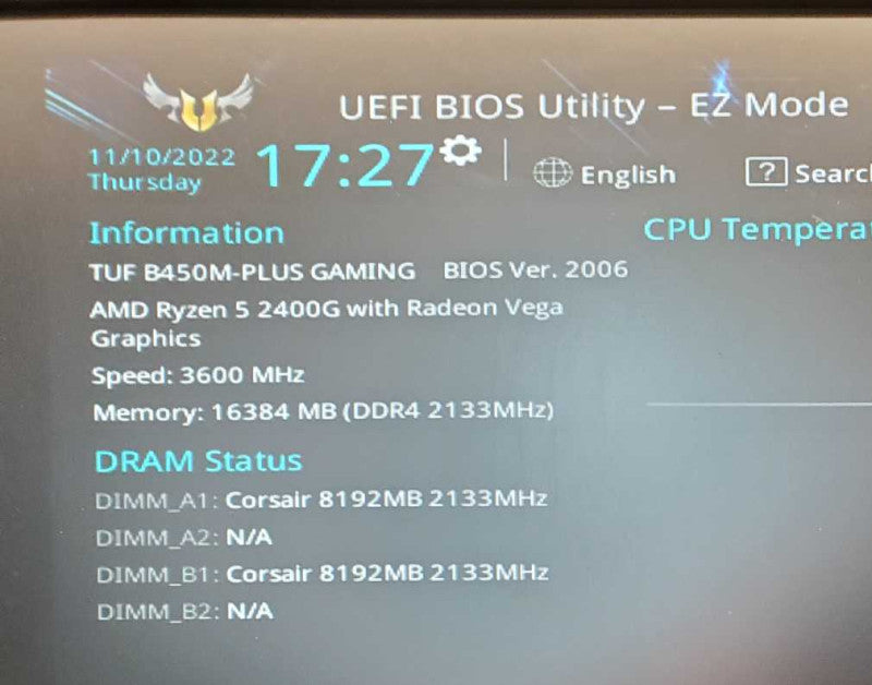 Custom PC Asus TUF B450-Plus Ryzen 5-2400G @ 3.6GHz 16GB DDR4 250GB SSD Nvme (