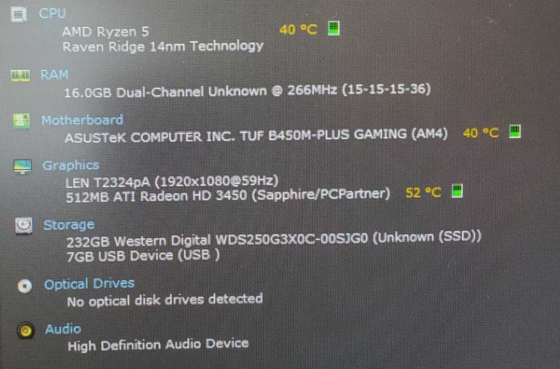 Custom PC Asus TUF B450-Plus Ryzen 5-2400G @ 3.6GHz 16GB DDR4 250GB SSD Nvme (