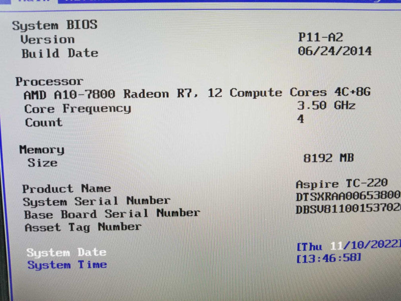 Acer Aspire TC-220 AMD A10-7800 3.5GHz QC/8GB DDR3, NO HDDs. ~