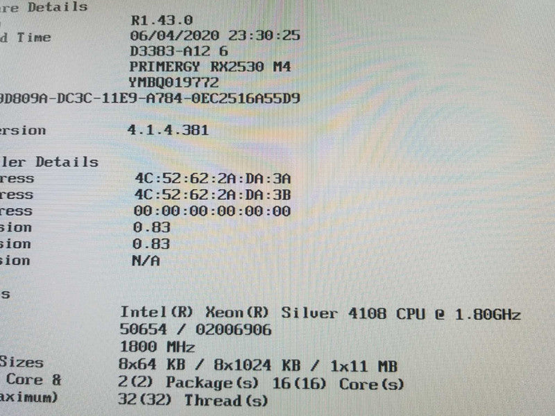 Fujitsu Primergy RX2530 M4, 2x Xeon Silver 4108 1.8GHz/ NO RAM/HDDs/PSUs. ~
