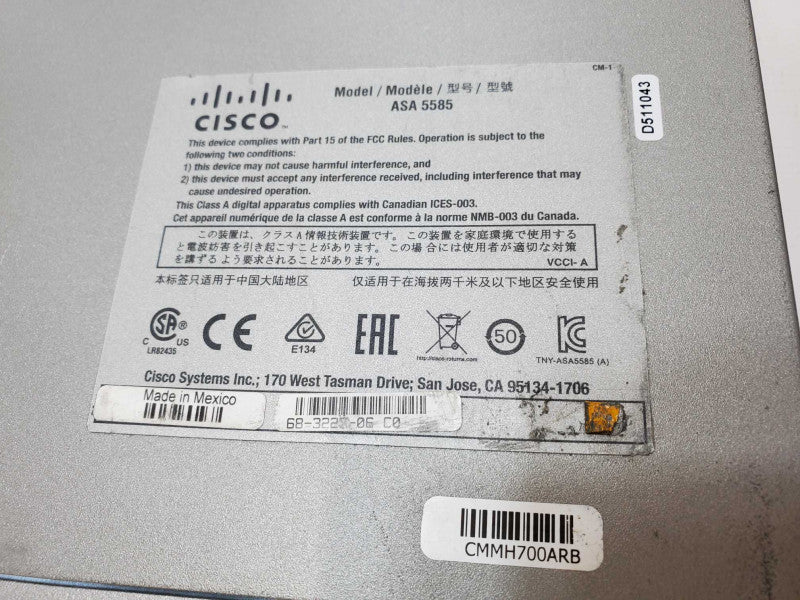 Cisco ASA 5585-X FireWall Chassis with SSP-10 MODULE & 1200W DUAL PWR (
