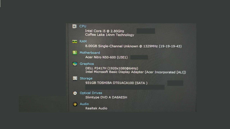 Acer Nitro N50-600 i5-8400@2.8GHz 8GB DDR4 1TB HDD [