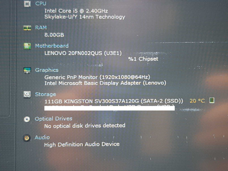 Lenovo T460s i5-6300U @ 2.4GHz 8GB RAM 120GB SSD  +
