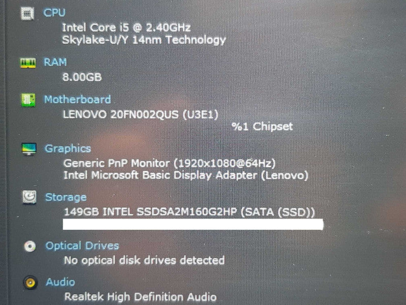 Lenovo T460s i5-6300U @ 2.4GHz 8GB RAM 160GB SSD +