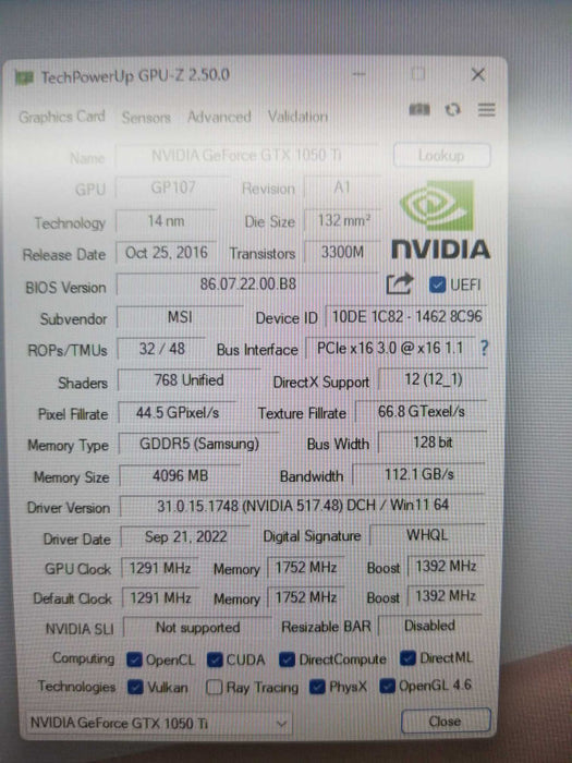 MSI 1050 TI 4 GT LP 4GB 1291/1752 MHz ~