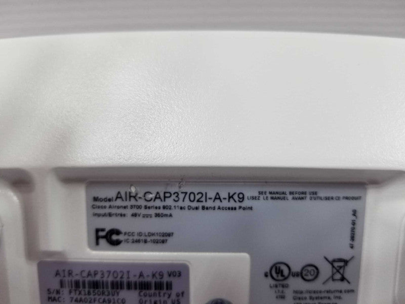 CISCO AIRONET 3702I AIR-CAP3702I-A-K9 DUAL BAND AP 802.11 A/B/G/N/AC ~