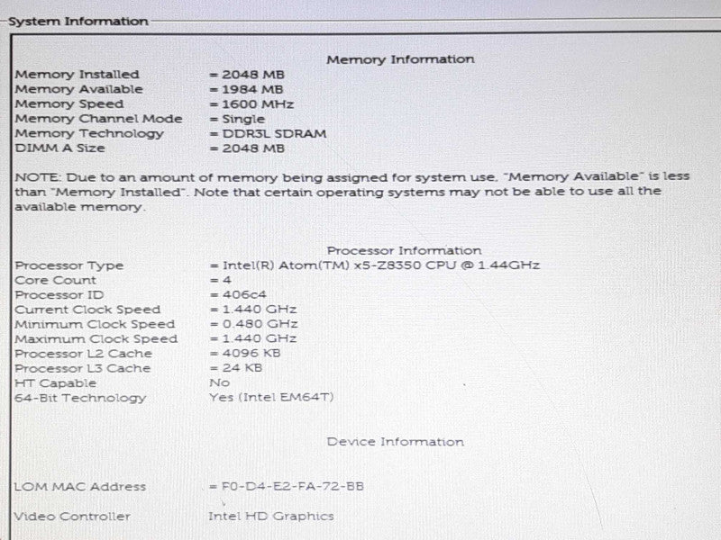 Dell Wyse 3040 N10D Atom X5-Z8350 @ 1.44GHz 2GB RAM  8GB Flash +
