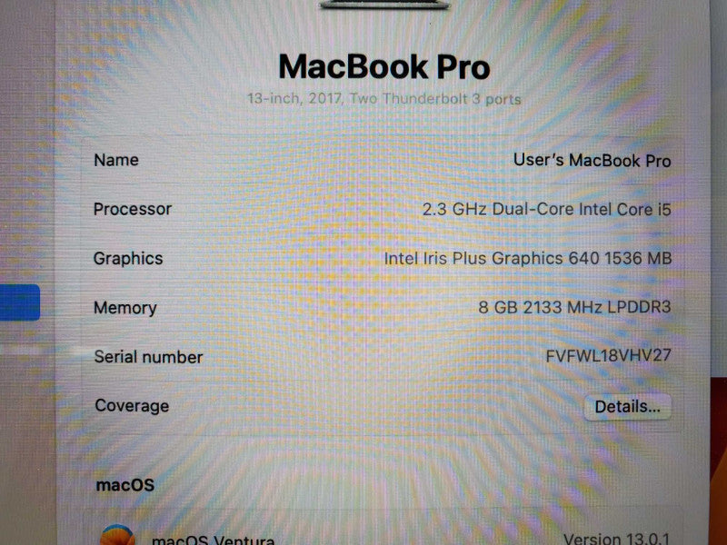 Macbook Pro 2017 13\\" A1708 Core i5-7360U @ 2.3GHz 8GB 120GB SSD (
