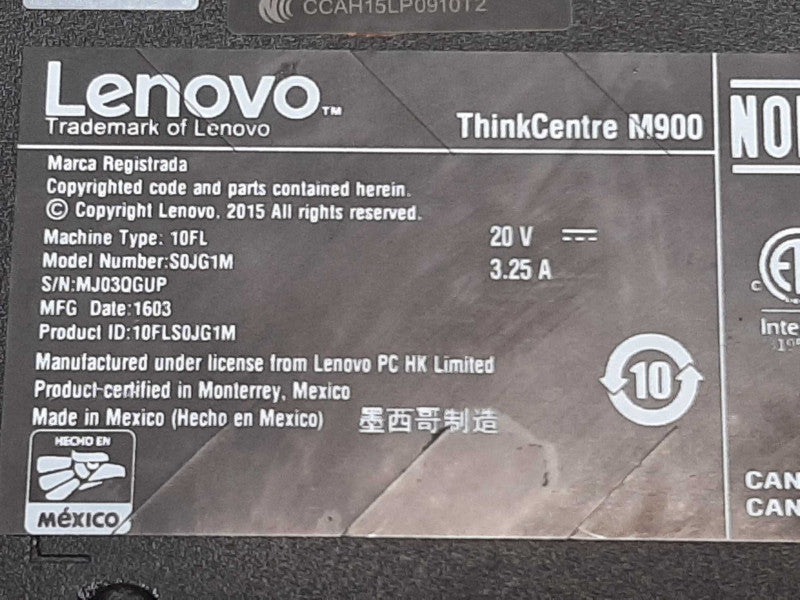 Lenovo ThinkCentre M900 i5-6500T @ 2.50Ghz 8GB RAM - No HDD/Caddie +