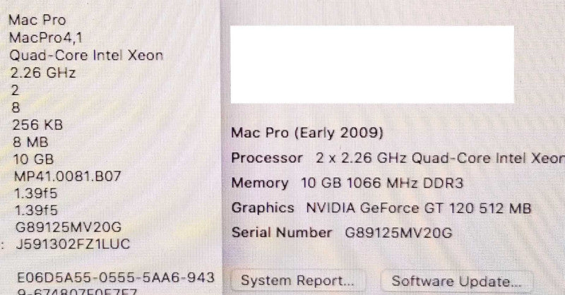 Mac Pro - E.2009 A1289, 2x Xeon 2.26GHz QC/10GB, GeForce GT 120, NO HDDs ~