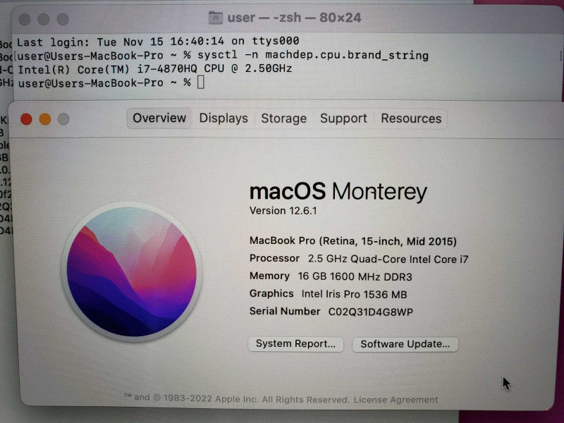 MacBook Pro 2015 15\\" Retina i7-4870U @ 3.1 GHz 16GB Ram 250GB SSD *READ* (
