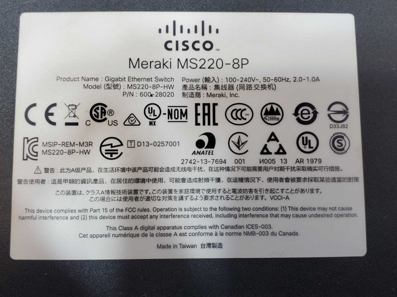 Cisco MerakI MS220-8P-HW 8-Ports Desktop Ethernet Switch - UNCLAIMED _