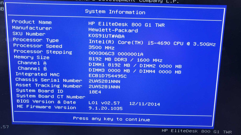 HP EliteDesk 800 G1 TWR Desktop 3.50GHz Core i5-4690 8GB RAM No HDD [