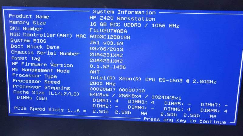 hp z420 workstation Xeon E5-1603 @2.8GHz 16GB ECC DDR3 Nvidia NVS510 [