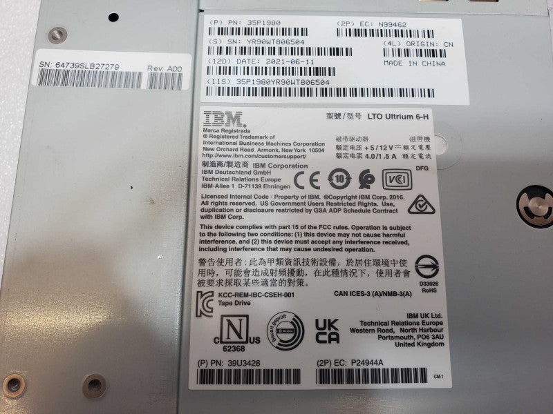 IBM LTO Ultrium 6-H 35P1980 39U3428 SAS Tape Drive _