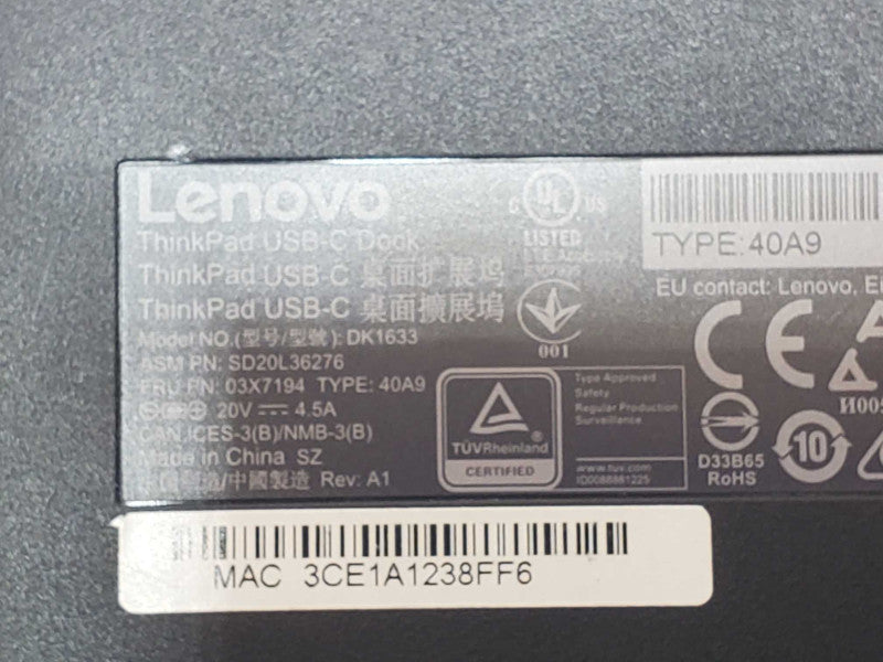 Lenovo Thinkpad USB-C Docking Station 40A9 DK1633 _