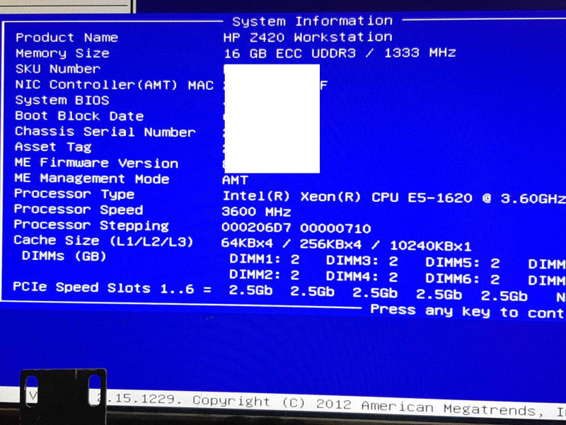 HP Z420 Workstation Xeon E5-1620 @ 3.60GHz 16GB RAM - No HDD +