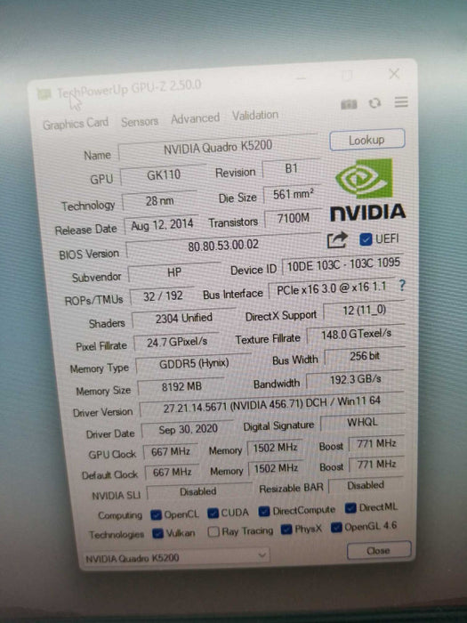 NVIDIA QUADRO K5200 8GB GDDR5 4K VIDEO GRAPHICS CARD ~