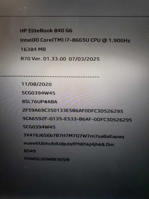 HP ELITEBOOK - 840 G6 - CORE i7 - 8665U - 1.90GHz - 16GB RAM- 256GB NVME  Lap200