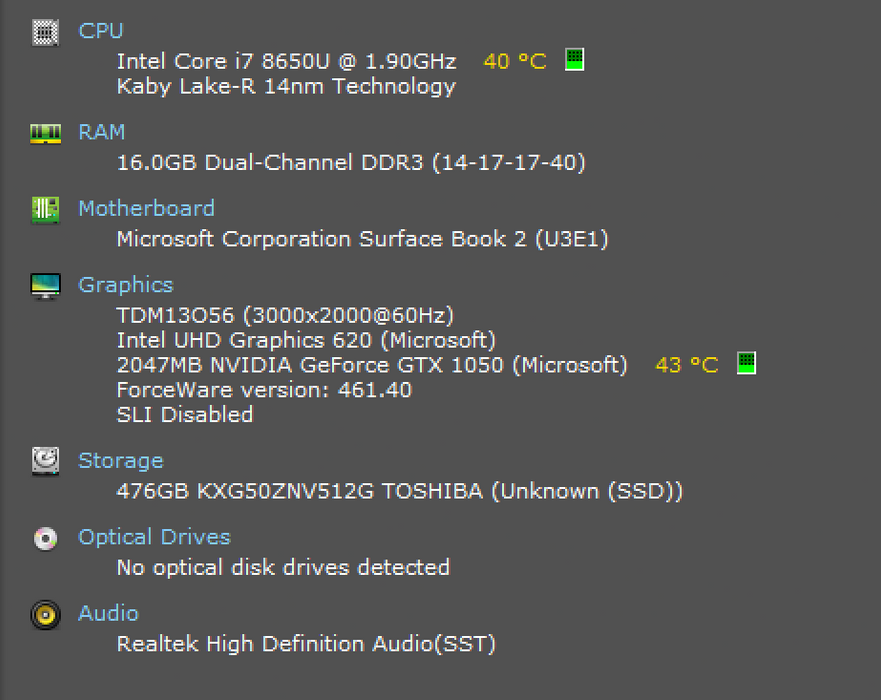 Microsoft Surface Book 2 i7-8650U 16GB RAM GTX 1050 512GB SSD  Lap200