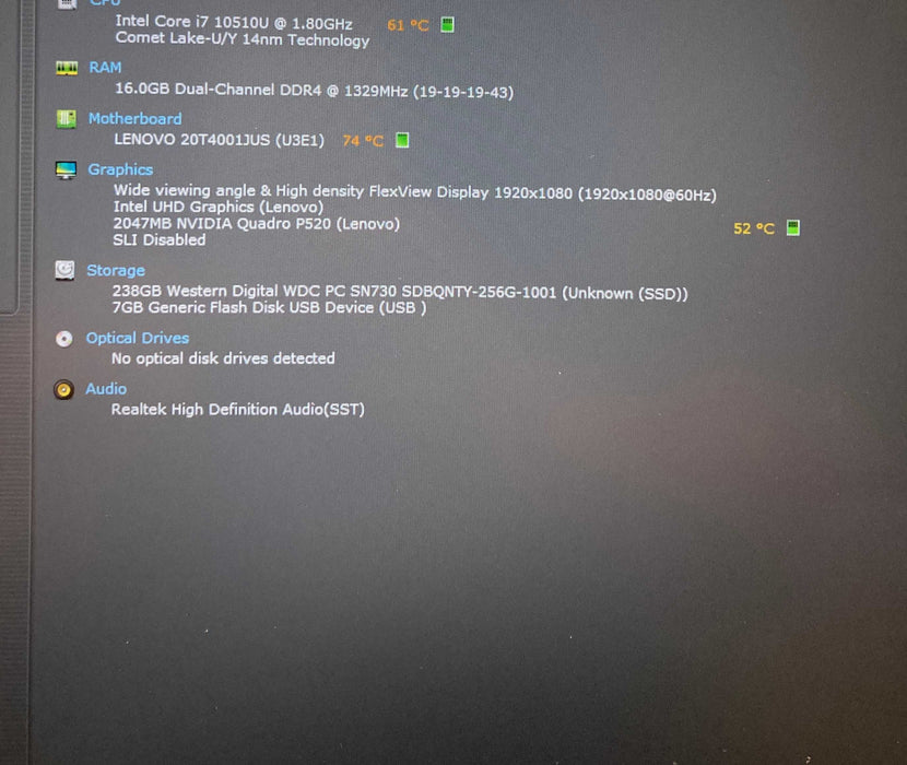 Lenovo ThinkPad P15s Gen 1 i7-10510U QUADRO P520 2GB GPU 16GB RAM 256GB SSD  Lap200