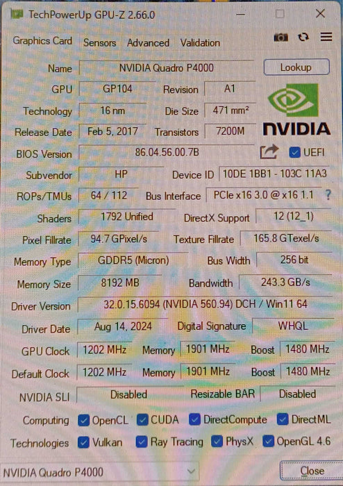 NVIDIA Quadro P4000 8GB GDDR5 Graphics Card 4x DisplayPort Q