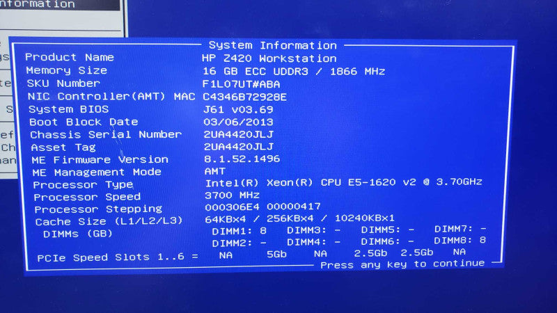 HP Z420 Xeon E5-1620v2 3.7GHz - 16GB ECC RAM - No HDD - Quadro K600 [