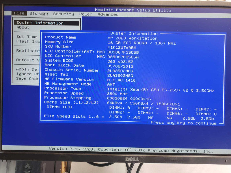HP Z820 WS, Xeon E5-2637v2 3.5GHz, 16GB DDR3, 3x HDD Caddies, No HDD/GPU _